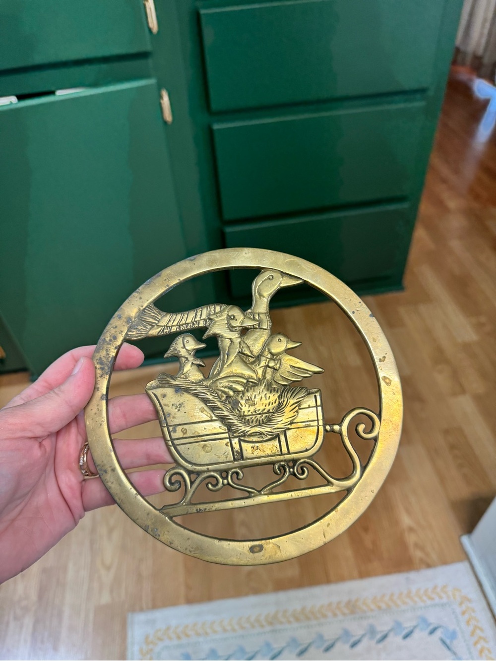 Brass Decorative Round Trivet - Ducks in Sleigh